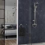 FERRO Deszczownia z natryskiem i baterią termostatyczną Trinity Wieszak na ręcznik okrągły Grace odpływ liniowy