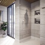 FERRO Deszczownia z natryskiem i baterią Algeo; Odpływ liniowy pod płytkę OLP1; Dozownik na mydło Novatorre Metalia 1; Bateria umywalkowa stojąca Veneto Verde Line