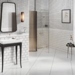 Ferro Retro zestaw natryskowy przesuwny; bateria umywalkowa Retro New; Szklanka podwójna Novatorre Metalia 1; Półka narożna szklana z relingiem Novatorre Metalia