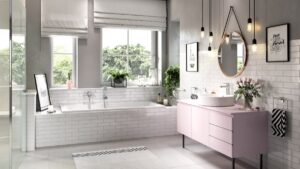 FERRO, Alba VerdeLine bateria umywalkowa stojąca, Alba VerdeLine bateria wannowa ścienna, Sinus zestaw natryskowy punktowy, Wieszak na ręcznik Audrey