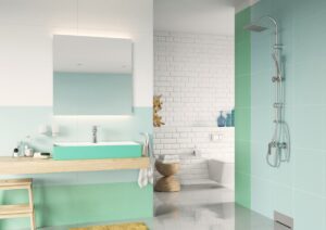 FERRO Bateria natrysk ścienna Algeo Square; Bateria umywalk Algeo Square; Squerto zestaw natrysk z deszczownią; Odpływ ścienny Wall; Uchwyt na papier; wieszak okragly i podwojny