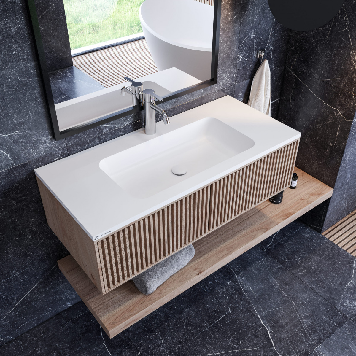 Cristalstone, umywalka 100 cm z cienkim rantem z odplywem tradycyjnym, kolekcja Linea Simpla