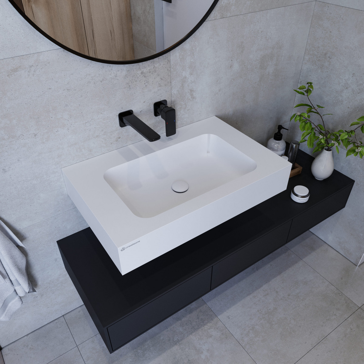 Cristalstone, umywalka 70 cm z odplywem tradycyjnym, kolekcja Linea Simpla