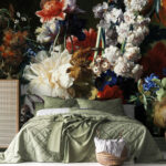 Fototapeta z kwiatami w stylu holenderskiego malarstwa w sypialni — kopia